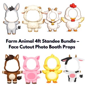Puede incluir: Un conjunto de ocho figuras de animales de granja con recortes para la cara, incluyendo un burro, oveja, cabra, pollo, caballo, cerdo, pollito y vaca. El texto dice: Farm Animal 4ft Standee Bundle – Face Cutout Photo Booth Props. Ilustrado.