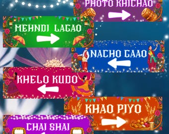 Letreros para bodas desi: Mehndi, baile, comida y diversión (descarga digital)