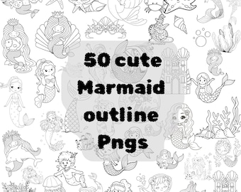 Mermaid Outline Clipart | 50 PNGs, Kids Coloring (Digital Download)