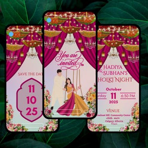 May include: Three smartphone screens displaying wedding invitation designs. The invitations feature a couple on a swing, floral accents, and text that reads "You are invited to" and "Hadiya & Subhan's Holki Night". The color scheme includes pink, gold, and white.
