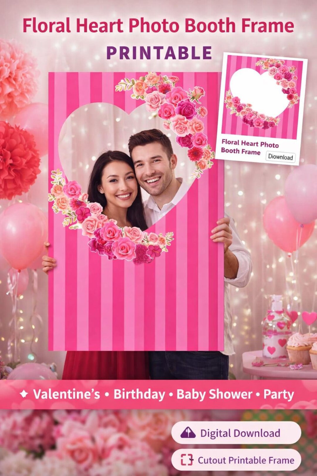 Pink Booth Frame Pink Floral Heart Photo Booth Frame | Party Prop (digital Download) - Etsy