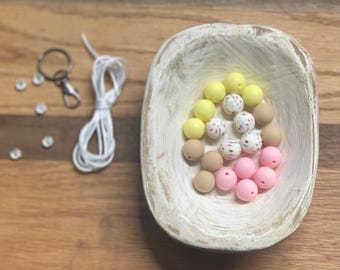 Kit silicone beads wristlet keychain making kit floral pink yellow tan