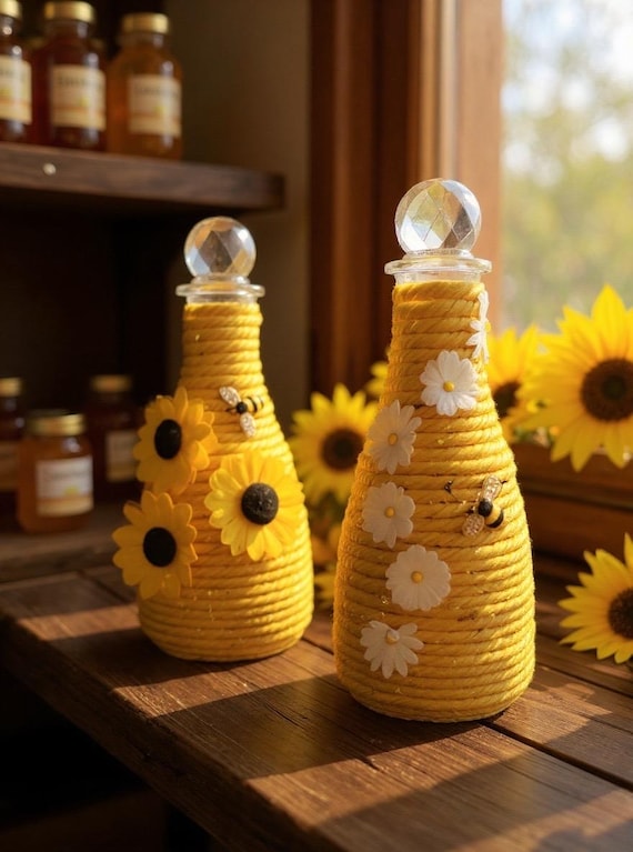 Sunflower Honey Bottle | Rope-Wrapped Bee Decor with Glass Stopper