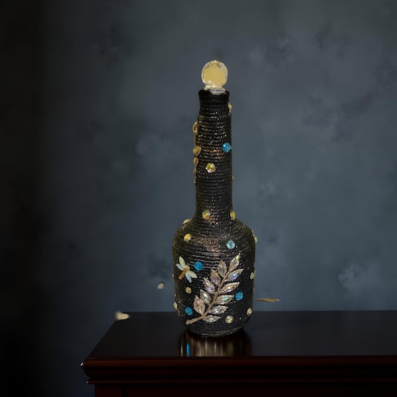 Handcrafted Gemstone Twine Bottle | Upcycled Home Decor