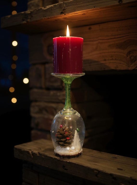 Handmade Christmas Candle Holder | Upcycled Wine Glass Centerpiece