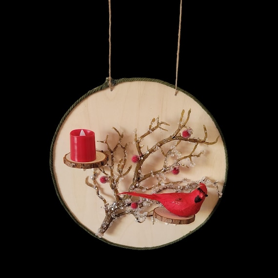 Cardinal Wood Round Wall Decor with LED Candle | Winter Hanging Art