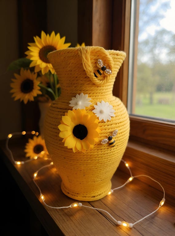 Handmade Vase wrapped in yellow rope with daisies and bees