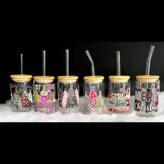 Christmas Insulated Glass Cup with Bamboo Lid & Glass Straw