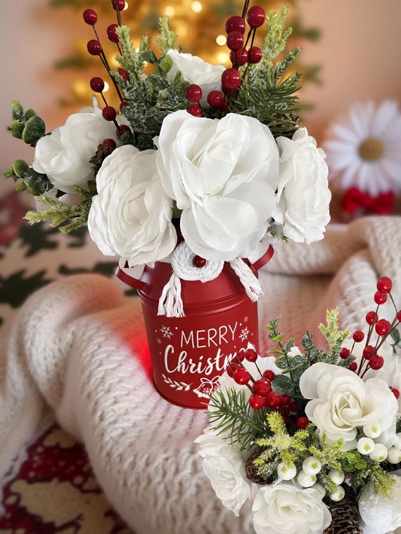 Christmas Floral Centerpiece – White Roses, Pinecones in Red Metal Pot