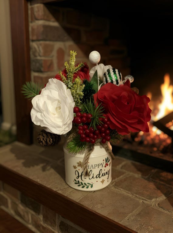 Christmas Floral Arrangement, Holiday Table Centerpiece, Faux Red White Flowers