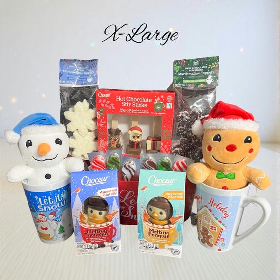 Hot Cocoa Christmas Gift Basket • Plush Snowman or Gingerbread