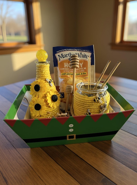 Bee-Themed Honey Gift Basket • Sunflower Kitchen Decor • Handmade Honey Bottle & Cornbread Mix