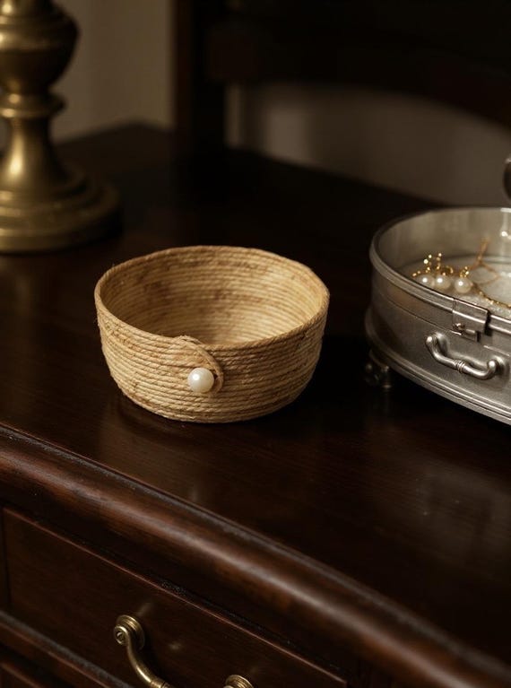 Handmade Jute Rope Bowl – Rustic Farmhouse Storage with Pearl Accent