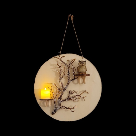 Handmade Owl Wall Art with Owl Candle and LED| Rustic Winter Decor