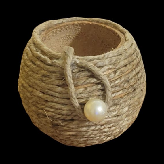Handmade Jute Mini Bowl • Rustic Farmhouse Decor with Pearl