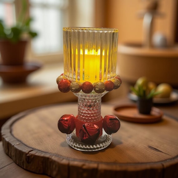 Handmade Christmas Glass Candle Holder – Bells & Glitter Holiday Decor
