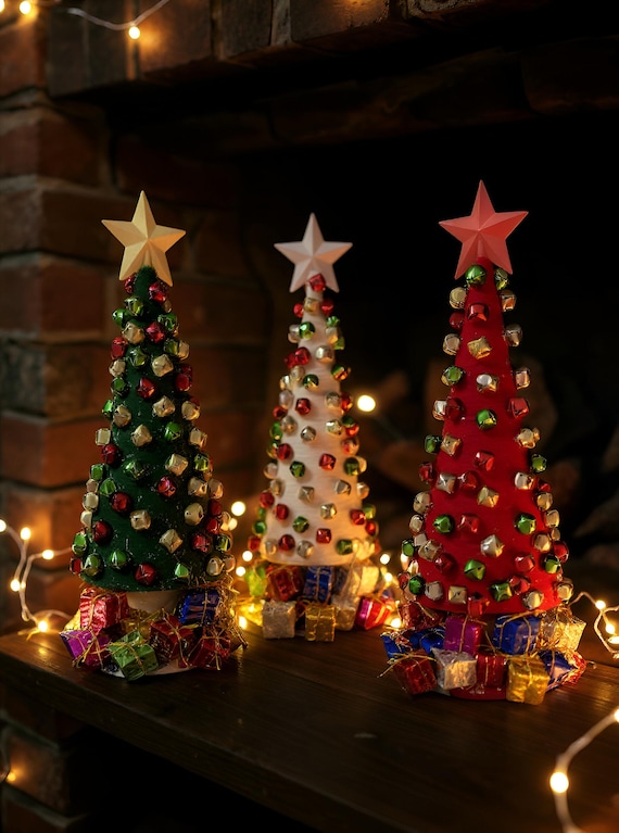 Handmade 14″ Jingle Bell Christmas Trees– Holiday Tabletop Decor with Star Topper & Mini Gifts