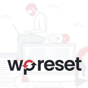 Puede incluir: Ilustración de dos personas trabajando en portátiles con el texto "wpreset" en negro y rojo en una pantalla de ordenador.