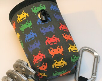 Arcade Memories, a Space Invader Hand Crafted Chalk Bag and Belt. Rock Climbing, Gym Climbing, Outdoor Climbing, Bouldering - Free Shipping