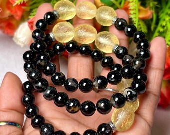 Bracciale Elasticizzato Uomo Donna In Pietre Naturali Tektite Libica 10-12 Mm - Gioiello Semiprezioso Non Tagliato Sfaccettato, Regolabile