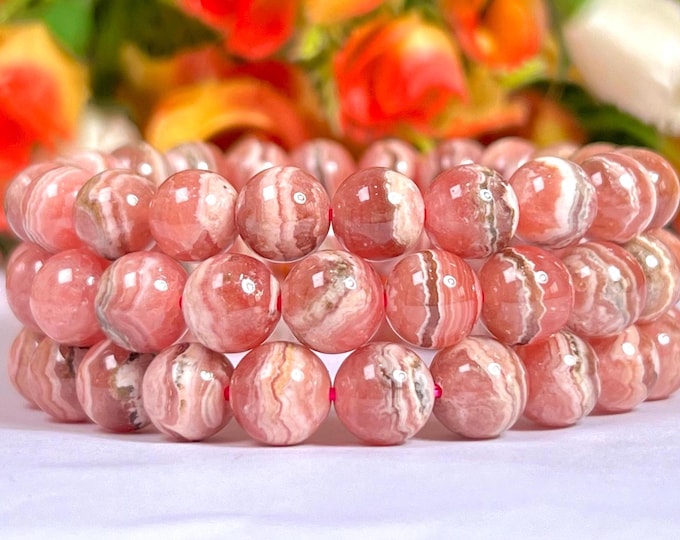 Rhodochrosite Stone Stretch Bracelet: Unisex 8MM Beaded Bracelet