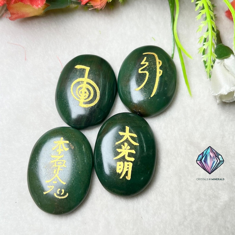 Green Jade Stone 4 Usui Reiki Symbol Engraved Oval Shape Stone image 2