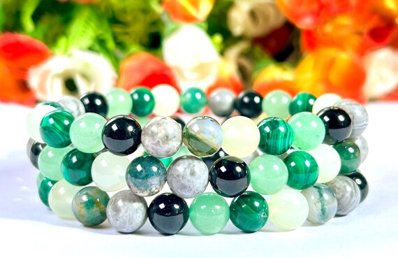 8MM Good Luck Crystal Stone Bracelet Mossagate,burmajade