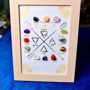 Conjunto de cristales de piedras preciosas con signos y elementos del zodíaco - Marco de madera