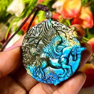 Labradorite Pegasus Unicorn Carving Pendant Necklace - Reiki Healing