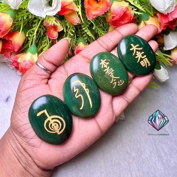 Green Jade Stone 4 Usui Reiki Symbol Engraved Oval Shape Stone