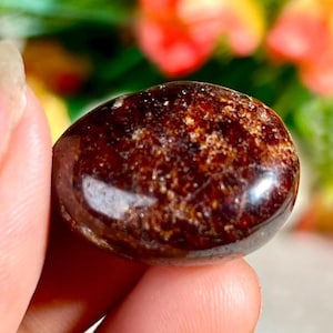 May include: A polished, oval-shaped garnet gemstone with a deep reddish-brown hue. The surface of the stone displays a natural, speckled texture with dark inclusions and a glossy, reflective finish that catches the light across its rounded form.