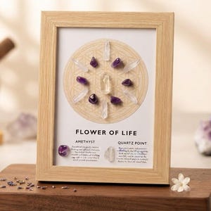May include: A light wood frame containing a Flower of Life geometric print with embedded amethyst and clear quartz crystals. The print features the text FLOWER OF LIFE, AMETHYST, and QUARTZ POINT with descriptive paragraphs below the stones.