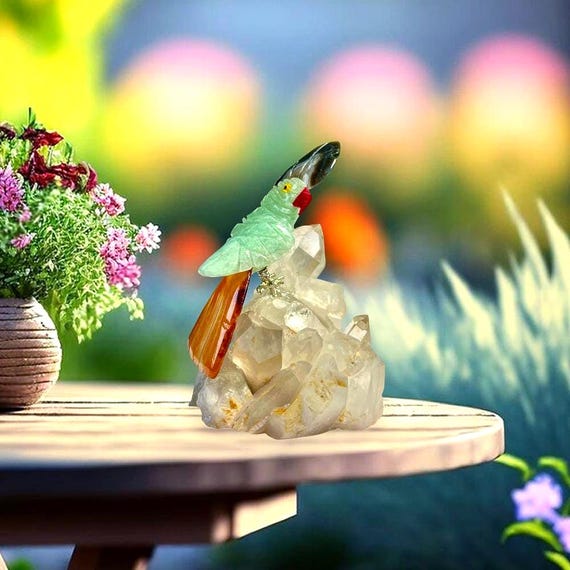 サマディクォーツ台座のグリーンアベンチュリンオウム：ヒーリング