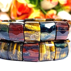 3 Color Red Blue Yellow Tiger's Eye Stone Stretchable Bracelet Unisex- 15MM