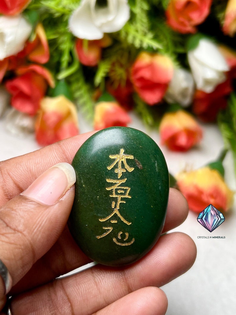 Green Jade Stone 4 Usui Reiki Symbol Engraved Oval Shape Stone image 4