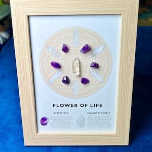 Könnte beinhalten: Ein gerahmter Druck der Blume des Lebens mit Amethyst- und klaren Quarzkristallen, die in einem geometrischen Muster angeordnet sind. Der Druck enthält Beschreibungen der Eigenschaften der Kristalle: Amethyst wird mit Frieden, kreativem Denken und spirituellem Bewusstsein in Verbindung gebracht. Quarzspitze steht für Reinheit und fördert das Wohlbefinden, indem sie Negativität vertreibt.