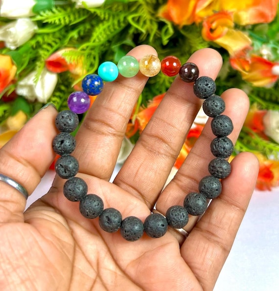 Bracelet 7 Chakras En Pierre Volcanique - Perles Colorées - Neuf Avec Étiquettes