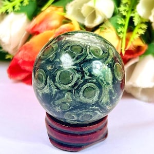 Kambaba Stone Sphere: Meditation Crystal Ball with Wooden Stand (40 MM)
