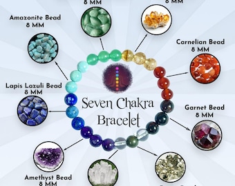 7 Chakra Stone Bracelet: Garnet, Amethyst, Lapis Lazuli, Crystal (8MM)