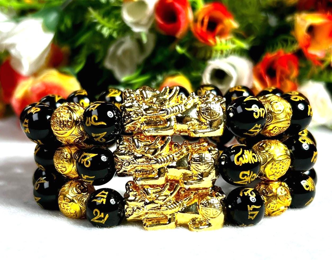 12MM Pixiu Black Obsidian Golden Pixiu Feng Shui Wealth and