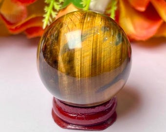 Tiger's Eye Stone Sphere: 40 MM Crystal Ball with Wooden Stand