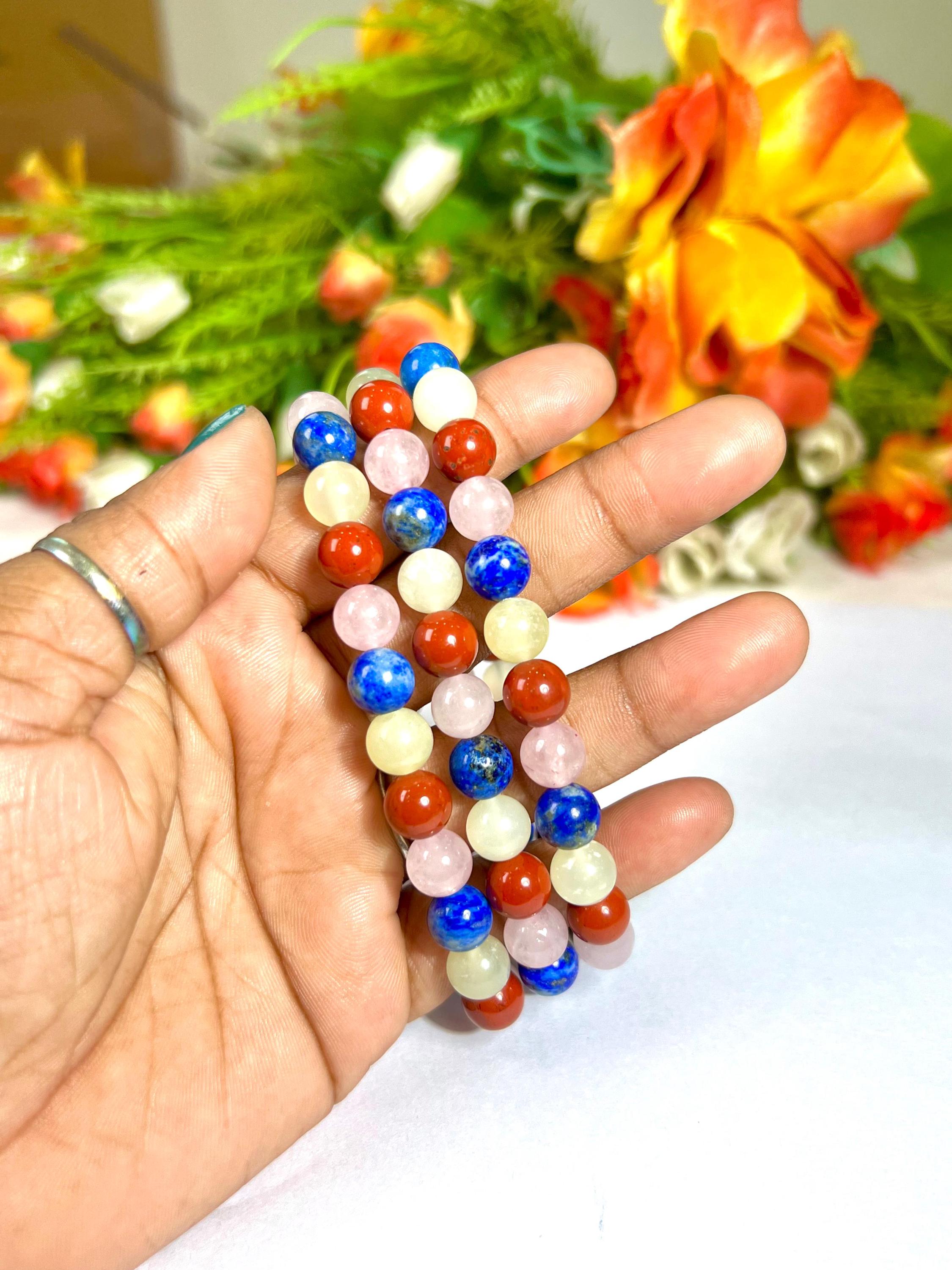 Taurus Zodiac Stone Bracelet: Red Jasper, Jade, Lapis, Rose Quartz
