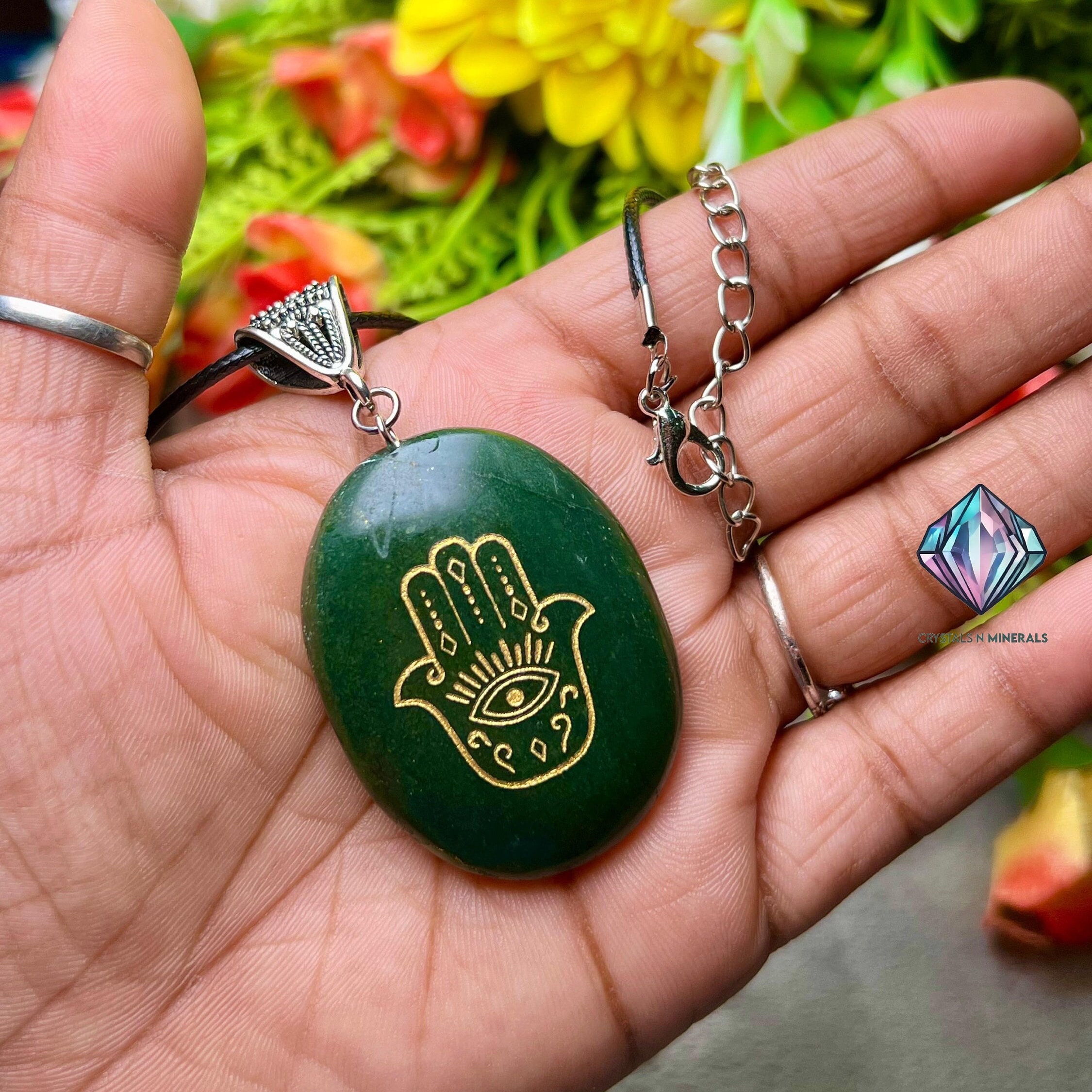 SEV ネックレス ブラック グリーン Green Jade Hamsa Hand Pendant: Zibu Angelic Symbol, Black Cord - Etsy