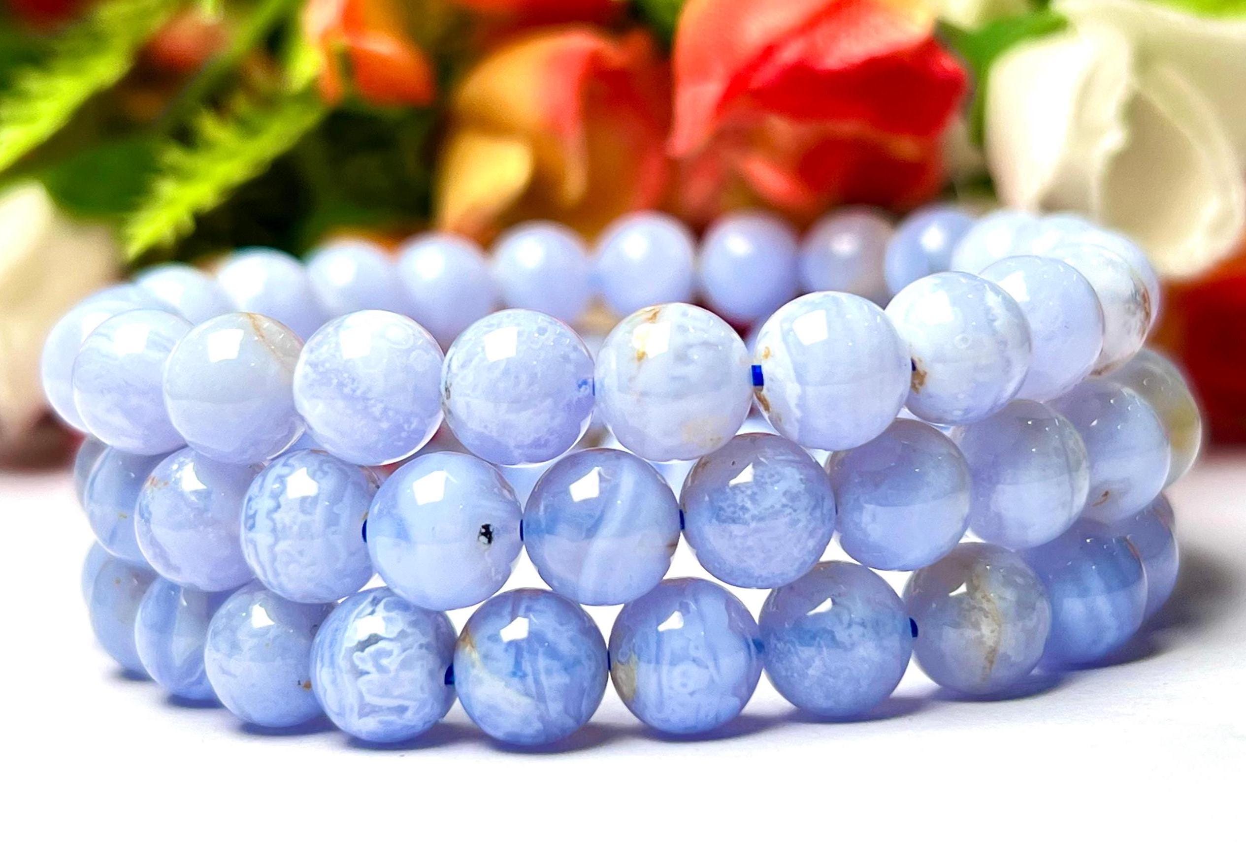 Bracelet En Agate Blue Lace Du Mozambique - Perles De 6 Mm, Sans Fermoir, Neuf Avec étiquettes