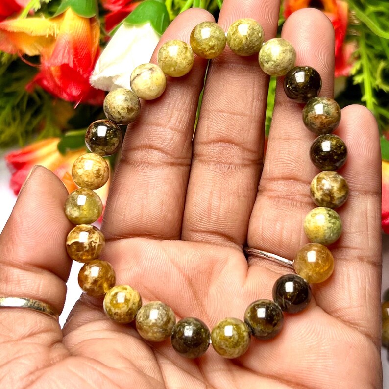 May include: A green and brown gemstone bracelet with round beads. The bracelet is made of natural stones and is approximately 7 inches in length.