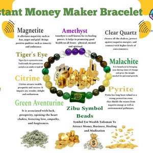 May include: A bracelet made of various gemstones, including amethyst, tiger's eye, citrine, green aventurine, malachite, pyrite, and clear quartz. The bracelet is surrounded by images of money and a sign that reads "Instant Money Maker Bracelet".