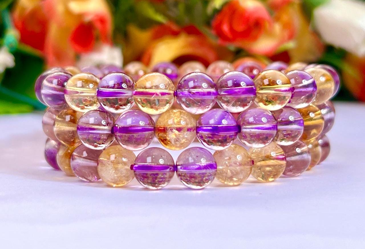 Ametrine Stone Bracelet: Unisex 8MM Stretchable Design