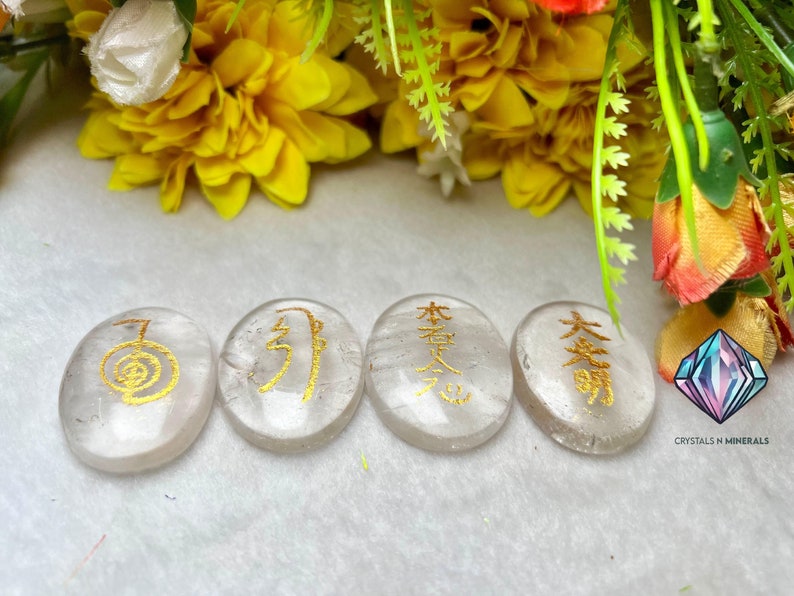 Himalya Crystal Quartz Stone Set Of 4 Usui Reiki Symbol Engraved Oval Shape Stone Cho Ku Rei l Sei Hei Ki l Hon Sha Ze Sho Nen l Dai Ko Myo image 7