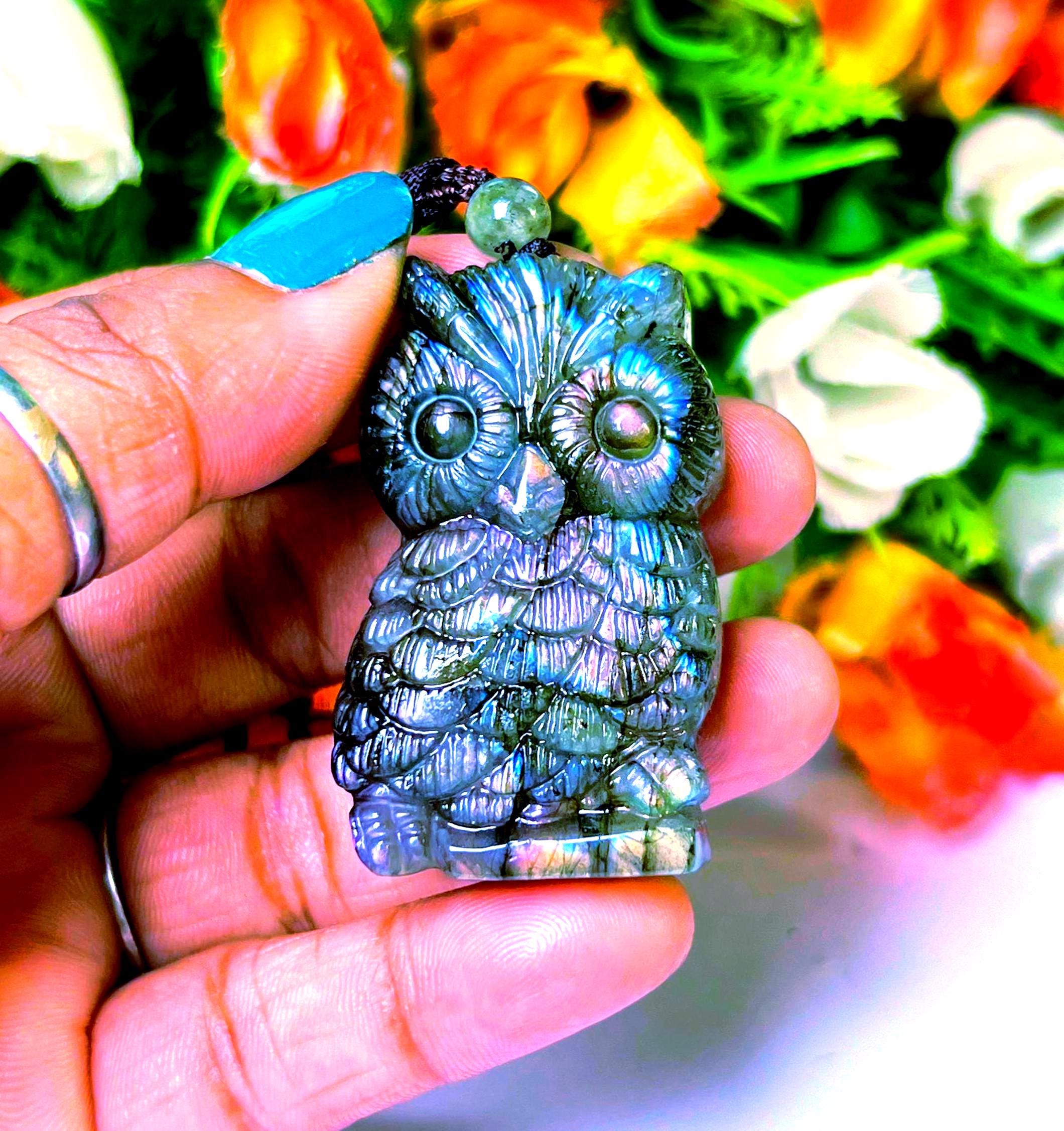 Labradorite Stone Owl Carving Pendant Necklace: Reiki Healing Gift