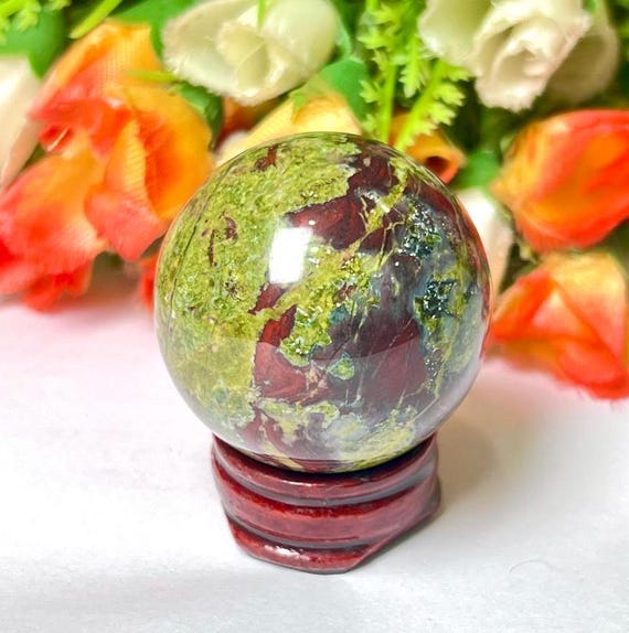 Dragon Blood Stone Sphere, 40 MM Crystal Ball with Wooden Stand
